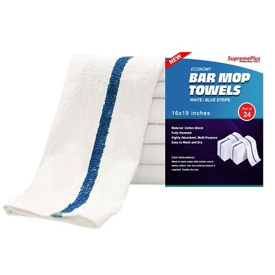 SUPREMEPLUS Terry Bar Mop Towels Blue Stripe | Cotton Cleaning Rags Pack of 24 for Kitchen
