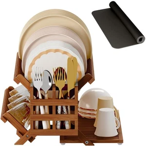 Teak Dish Drying Rack with Utensil Holder, 3 Tier Collapsible Dish Rack, Wood... - Picture 1 of 7