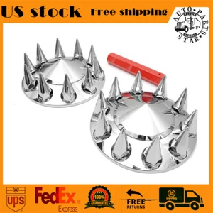 33mm Lug Nut Chrome Front Hub Covers Semi Truck Spiked Set of 2 - Picture 1 of 10