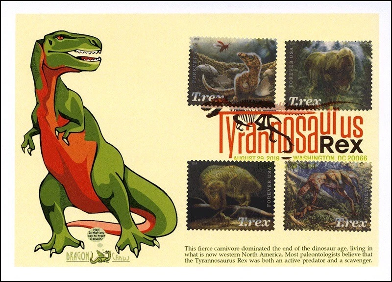 Sc. 5410-3 Tyrannosaurus Rex Dragon Cards FDC – Color Postmark - Image 1 of 1