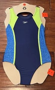 Speedo Blue Green Girls 10 Medium One Piece Strap Bathing Suit Swimsuit NWT - Picture 1 of 7
