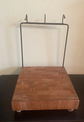 Wood  Carving Chopping Block 10" Square Removable Utensil Rack 2" Thick Vintage - Image 1 of 4