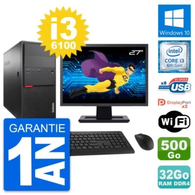 PC tour LENOVO M800 Pantalla 27" Core i3-6100 RAM 32Go Disco 500Go Windows 10 Wi - Imagen 1 de 4