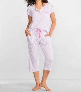 NWT Karen Neuburger PINK/BLUE DIAMOND Jersey Capri Pajama/Lounge Set S POCKETS - Picture 1 of 4