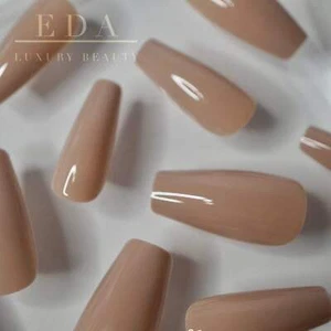 Natural Nude Beige Press On Nails Extra Long Coffin Ballerina Glue On Fake Nails - Picture 1 of 3