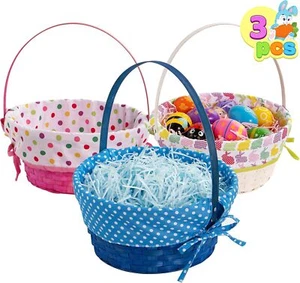 3 pcs Natural Bamboo Easter Baskets with Polka Dot Lining for Gifts & Picnic - Picture 1 of 4