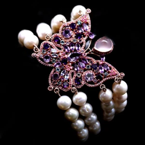 Gemstones Quartz,Amethyst,Tanzanite,Topaz,Sapphire & Pearl Bracelet 925 Silver - Picture 1 of 5