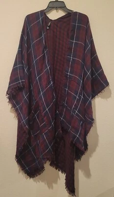 Torrid Poncho Shawl Kimono with Pockets In Blue Red WindowPane Plaid 0/S - Image 1 of 4