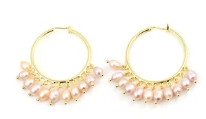 Stunning Freshwater Pearls on 18K Gold Plated Loop Hoop Earrings Gift Birthday - Picture 1 of 1