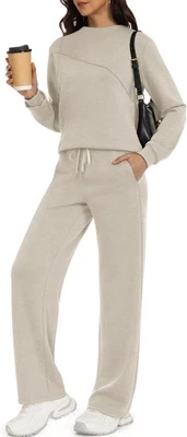 Conjunto de salón de 2 piezas para mujer Sudadera de moda con cuello de barco Pantalones de pierna ancha Conjuntos Foto 1 de 2