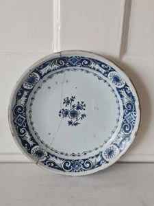 Antique 18thC English Delftware Plate 9" - Historic Staple Repair - Blue & White - Picture 1 of 13