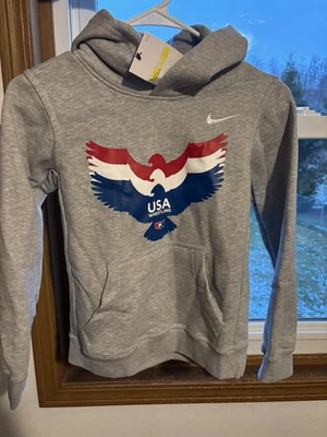 Nike USA Wrestling Hoodie Boys Size Small Gray Sweatshirt 3 Eagle Red/White/Blue - Image 1 of 3