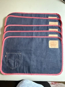 Levi’s Strauss & Co Placemats 5 Denim Blue Red Trim Leather Patch VTG Retro USA - Picture 1 of 15