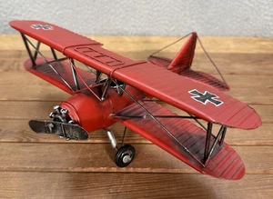 WWI Red Baron Airplane Decor Tin Metal German Bi Plane Model Rustic Primitive - Picture 1 of 14
