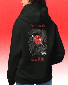 Japanese Crane Hoodie Oversized Streetwear, Red Sun Aesthetic Kanji Back Print - Picture 1 of 14