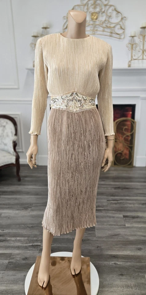 Vestido de festa cinza rosa vintage anos 80 bege acastanhado cetim lantejoulas cinto tamanho 6 - Imagem 1 de 3