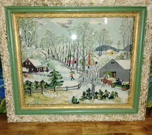 Wow! Grandma Moses Barkcloth Fabric Wall Art Picture In 85 year old Ornate Frame - Picture 1 of 12
