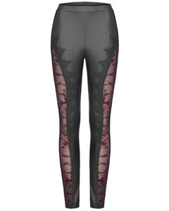 Punk Rave Womens Gothic Grunge Leggings Black Faux Leather Lace Red Flocked Mesh - Picture 1 of 12