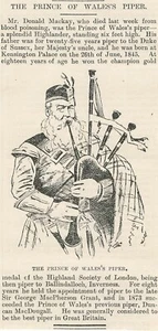 1894 Obituario corto de Donald Mackay el mejor flautista de Gran Bretaña Gaitas escocesas - Imagen 1 de 1