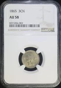 1865 Three Cent Nickel - 3CN NGC AU58 Almost Uncirculated - Picture 1 of 2