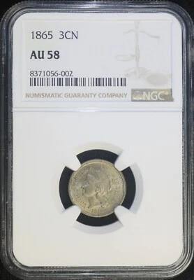 1865 Three Cent Nickel - 3CN NGC AU58 Almost Uncirculated - Image 1 of 2