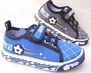 NEW BOYS BABY BLUE GREY LEATHER INSOLES TRAINERS NURSERY CANVAS SNEAKERS SHOES - Picture 1 of 11