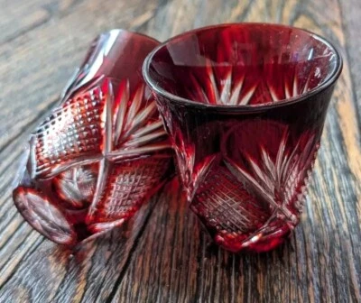 Vtg Edo Kiriko Ruby Red Glass Cut To Clear Ruri  Crystal Sake Shot Japan - Image 1 of 4