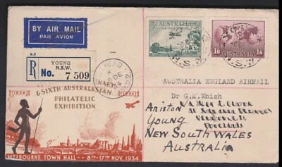 Australia Young NSW 1934 cubierta registrada 3D y 1'6 correo aéreo Sydney Young NSW  Foto 1 de 4