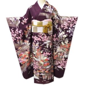 Furisode And Undergarment 2-Piece Set Used Kimono Flower Pattern Running Wat