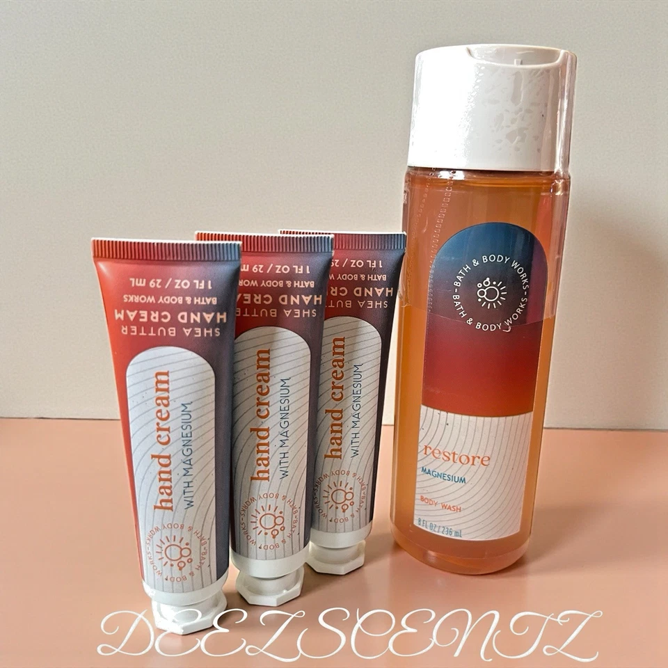 BATH & BODY WORKS GEL DE BAÑO Y CREMA DE MANOS X 3 RESTAURAR CON MAGNESIO 4 PIEZAS NUEVO Foto 1 de 2