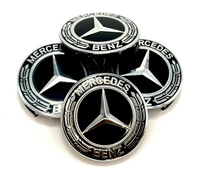 MERCEDES BENZ SET OF 4 BLACK 75 mm/2.95in Wheel Center Caps Fits Most Models - Image 1 of 3
