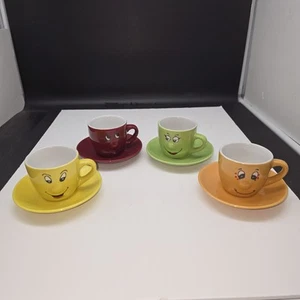Vintage x4 Emoji Face Multi Color Demitasse Cups & Saucers w/3D Nose 4 fl. oz. - Picture 1 of 10