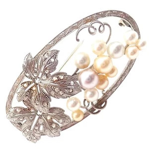 Vintage! Authentic Mikimoto 14k White Gold Diamond Pearl Brooch Pin - Picture 1 of 10
