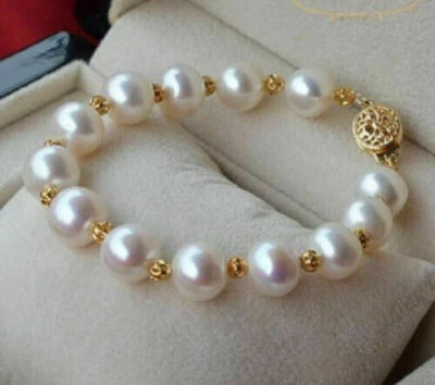elegant 9-10mm south sea round white pearl bracelet 7.5-8" 14k Gold P - Image 1 of 4