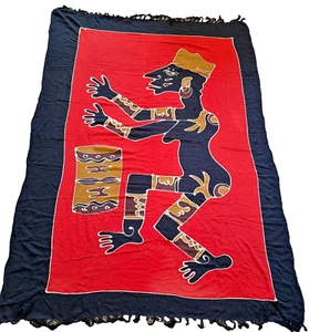 Djerba Women's Scarf Shawl Wall Oblong Fringe African Drummer Pattern Red Navy - Picture 1 of 8