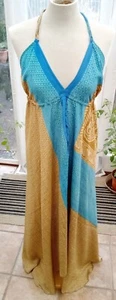 Ladies Gold and Blue Silk Sundress with Shoulder Straps and Assymetric Hem - Picture 1 of 5