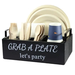 Paper Plate Holder Utensil Caddy Organizer Wood Paper Plate Dispenser Silverware - Picture 1 of 9