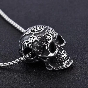 Silver Gothic Skull Pendant Punk Retro Biker Necklace Chain Men's Jewelry Gift - Picture 1 of 4