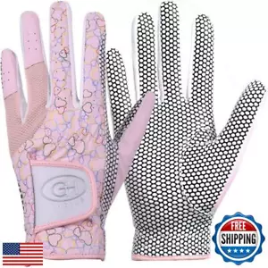 GH Women's Leather Golf Gloves One Pair - Heart Patterned Both Hands (Pink, 2 - Picture 1 of 5