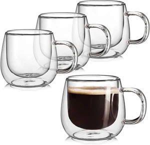 Double Wall Glass Coffee Mugs 10Oz Set of 4 Insulated Clear Tea Cups with Handle - Picture 1 of 12