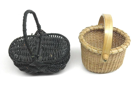 Lot 2 Small Vintage Woven Baskets Dark Green Picnic Style & Natural Cover