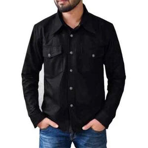 Schwarzes Lederhemd für Herren reines weiches Lammleder Slim Fit Freizeithemd - Bild 1 von 7