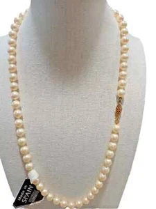 Spainish Majorca Pearl Necklace 8mm Natural White 18kt gold filigree 30" New - Picture 1 of 5