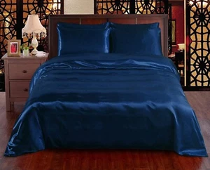 Ahmedani 6 Pc Queen Satin Sheet Set 1 Duvet Cover, 1 Fitted, 4 Pillow Cases Navy - Picture 1 of 6