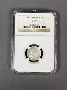 Indien (Britisch) Victoria 1862-C 1/4 Silber Rupie AG398 Kalkutta NGC MS63 - Bild 1 von 2