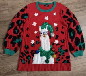 Ugly Christmas Sweater 2X* Llama With Glasses Sequins Glitter Pom Poms  - Picture 1 of 6