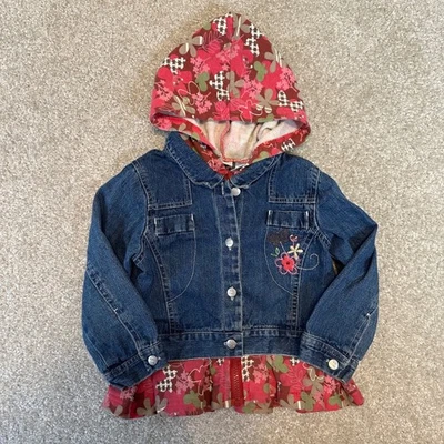 Girls BT Kids 90s Denim Jacket w/ Hood Floral Ruffle Trim Size 4T Cute - Image 1 of 4