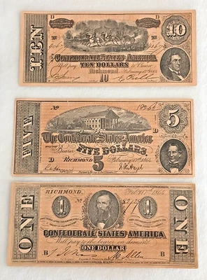 lot of 3 Confederate bills $1 $5 $10 - Image 1 of 4