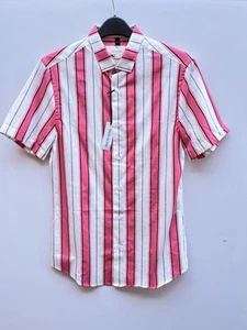 River Island Men's Slim Fit Pink White Striped Short Sleeved Shirt Size XS M New - Picture 1 of 4