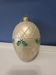 5" Glas Ornament Stechpalme Blätter Glitzer Urlaub Weihnachten Vintage Ei - Bild 1 von 3